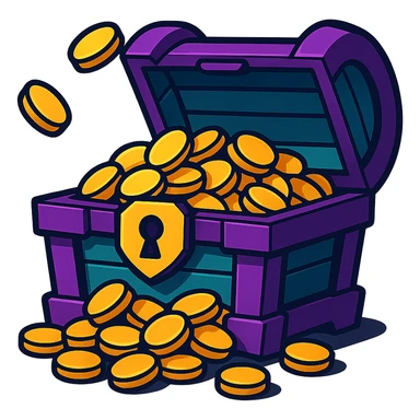 Make the purple and teal rewards chest open with coins spilling out, no background, vibrant toon style. sticker