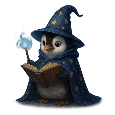 penguin wizard with a book of spells wearing a starry cloak in a mystical atmosphere sticker
