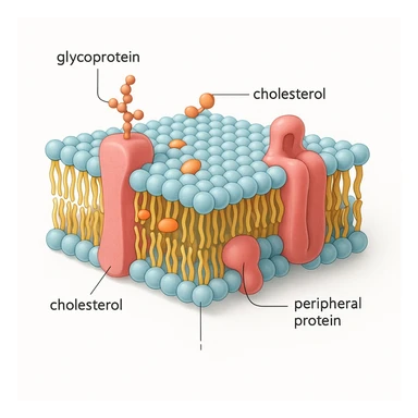 A highly detailed, scientifically accurate cross-section of a biological cell membrane (lipid bilayer) on a white background, ultra-realistic 3D illustration. Show the phospholipid bilayer with hydrophilic heads (round, polar) facing outward and hydrophobic tails (chains) inside. Include embedded proteins (integral and peripheral), cholesterol molecules (small, rigid), glycoproteins with sugar chains, and ion channels. The style should be clean, lab-textbook style, with subtle shadows and depth. Use a color scheme: light blue for hydrophilic heads, yellow for hydrophobic tails, red/pink for proteins, and orange for cholesterol. Microscope-like precision, no artistic stylization. Educational diagram of the Fluid Mosaic Model, cross-sectional view with labels for 'glycoprotein', 'cholesterol', and 'peripheral protein', vector graphic style. sticker