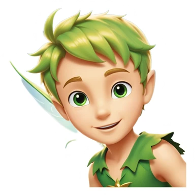 cinematic-realistic-peter-pan-portrait, head tilted dramatically with an exaggeratedly amused expression and sparkling eyes brimming with playful mischief, his iconic outfit rendered in vivid detail with dynamic shadows, soaring through the air. Flying right Next to him is a glowing Tinker Bell, whose delicate wings leave a trail of shimmering pixie dust across a whimsical sky. sticker