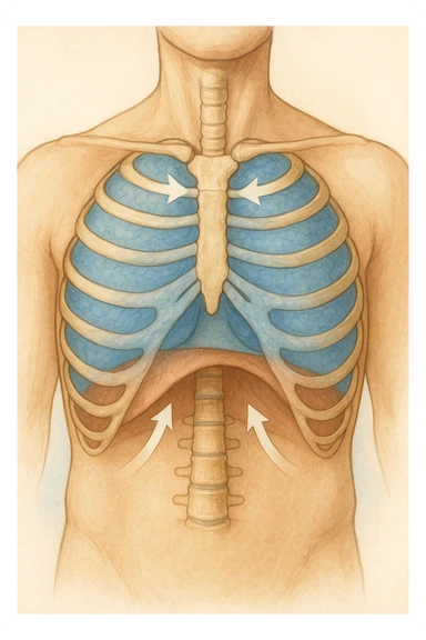 A realistic, high-quality anatomical illustration showing a human torso with visible rib cage and diaphragm. The ribs are shown in a decompressed, expanded state, allowing full lung expansion, while the diaphragm is depicted as relaxed and lowered, indicating deep, efficient breathing. Soft blue and warm tones highlight airflow and lung capacity, with light arrows illustrating the air movement during diaphragmatic breathing. The image conveys a sense of calm, openness, and optimal breathing mechanics, useful for physiotherapy, breathing education, and osteopathic learning contexts sticker