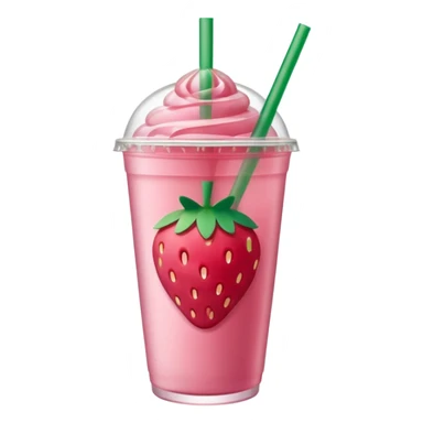 close-up of pink Starbucks drink with visible strawberry slices, clear cup, green straw sticker