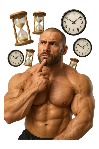 bodybuilder pensieroso che si tiene l'indice sul mento, alle sue spalle fluttuano clessidre e orologi da muro, iperrealistico 4k sticker
