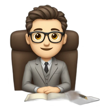 Pale skinned Fit Man With dark brown hair in gray jacket, beige office shirt, Brown pants and vintage glasses sitting In a soft chair with a notebook on spring with emblem Ψ and a pen sticker