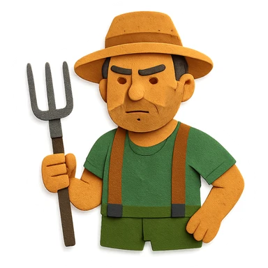 paper craft style illustration of a determined middle-aged farmer, sun-bleached face, black hair, stubble, green trousers, suspenders, green T-shirt, straw hat, holding pitchfork, warm golden-brown textured background, bold lines, vibrant earth tones, rural America sticker