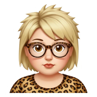 chuby white women dressed in leopard with short medium brown and blonde shaggy spiked hair wearing glasses with hazel color eyes and wide flat nose sticker