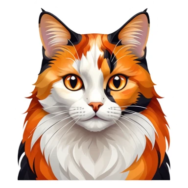 cinematic-noble-calico-cat-portrait-emoji,-poised-and-regal,-with-a-striking-patchwork-fur-in-vibrant-orange,-black,-and-white-hues premoninantly black,-delicate-whiskers-and-a-refined,-relaxed-gaze,-simplified-yet-exquisitely-detailed,-glowing sticker