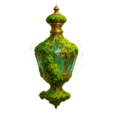 crystal luxurious elixir bottle covered with living green moss, lots of glowing edges, ornate golden details, magical effects, very small golden neck, beautiful merging base, clearly floating in air, no base or shadow, very luxurious, natural, magical, fits collection, transparent background sticker