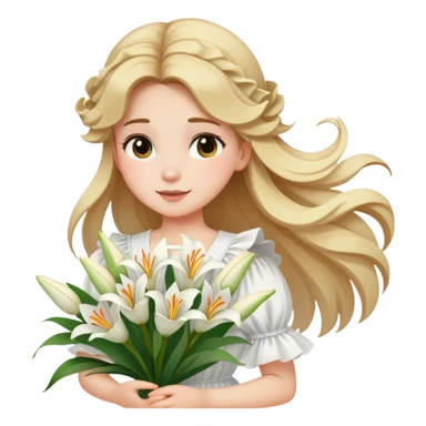  A girl with a half-up half-down hairstyle, and a white ruffled top, enjoying the spring breeze.Holding a bundle of lily sticker