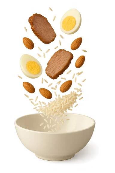 bowl bianca in cui cadono verticalmente fettine di carne, uova sode, mandorle e riso basmati sticker