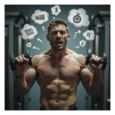 realistic, dramatic; man in gym, average physique, lifting weights, tense and worried face, sweat, eyes with visible stress, background with swirling thought clouds and icons (work, bills, time, relationships), expressive body language, strong sense of mental overload sticker