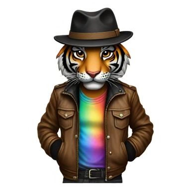 A tiger wearing a leather jacket and fedora with rainbow pajama pants and Black Lives Matter on his wrist as a tattoo sticker