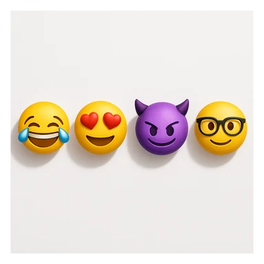 make four emojis on white background with good amount of shadow, four emojis of smiley's only. one laughing, second heart eyes, third purple devil and four black glasses emojis  sticker