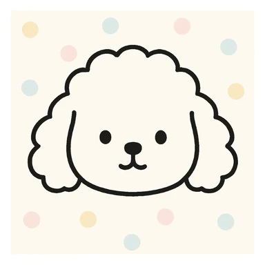 minimalist kawaii line art of a poodle-like dog head: large, round, fluffy head, puffy curly ears hanging down, very simple face with two dot eyes, tiny round nose, upside-down 'Y' mouth. thick, bold, clean black lines on white, symmetrical, calm and sweet expression. no color or shading, just black linework. slightly hand-drawn but polished, child-friendly. sticker