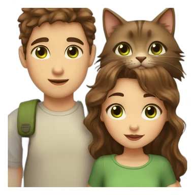 Girl with brown eyes and brown hair kisses the boy with brown hair and green eyes and hugs brown cats sticker
