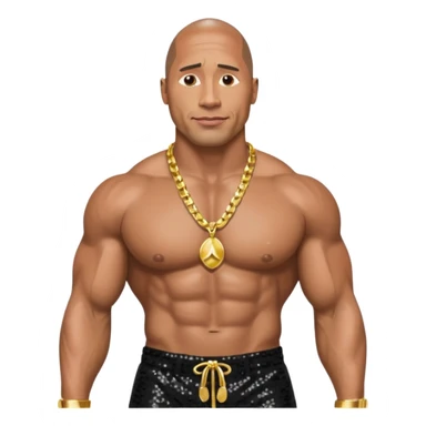 Dwayne Johnson with black sequin baggy pants, shirtless with necklace sticker