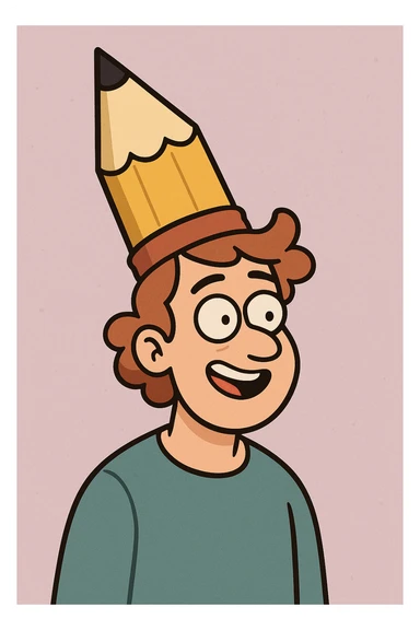 a person with a whimsical pencil-shaped hat, colorful and fun, cartoon style, simple illustration sticker