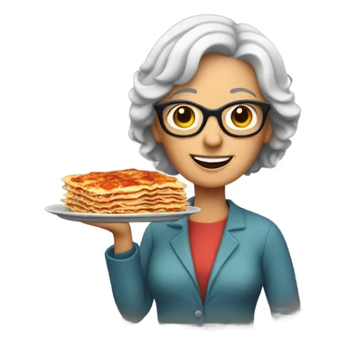 Lady with gray hair and glasses holding lasagna sticker