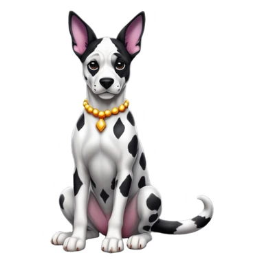 cinematic-[harlequin dane]-realistic-full-body-sitting-emoji,-tail-resting-loosely-beside-its-paws,-head-tilted-dramatically, ears drooped, -sleek-[black and white]-fur,-simplified-yet-realistic-focused-features,-highly-detailed,-glowing-with-an-almost-sarcastic-glow sticker