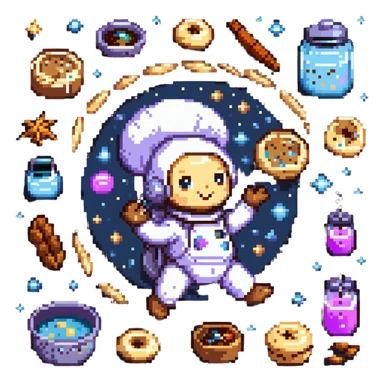 An interstellar baker crafting cookies in zero gravity, using stardust and planetary spices. The kitchen orbits a nebula, with floating tools and anti-gravity dough. UI features galactic swirls, shimmering constellations, and planetary icons. sticker
