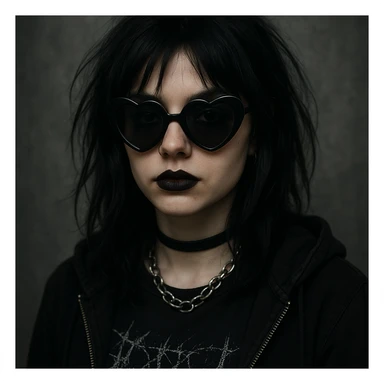 emo girl with heart-shaped sunglasses, dark hair, mysterious vibe sticker