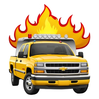 Bright yellow 1997 Chevrolet C-2500 Crew Cab Silverado from Kill Bill with red flame decals on the front hood, 30-degree view showing flames clearly, iOS emoji style sticker