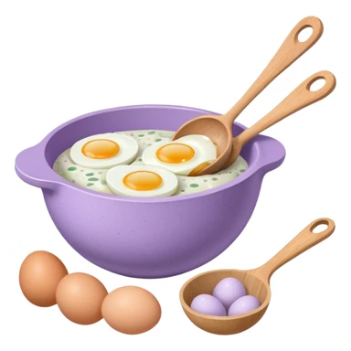a lilac ceramic mixing bowl with a wooden spoon stirring and sitting next to it is a dozen eggs with the carton lid open sticker