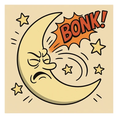 a crescent moon with a comic-style bonk effect, stars flying, cartoon style sticker