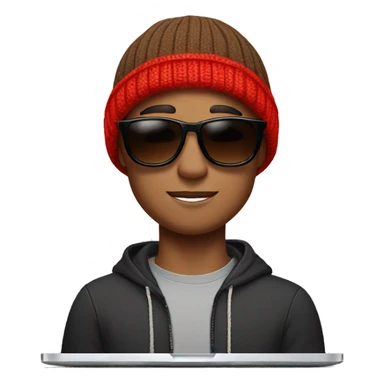 brown short hair man in his 20s with sunglasses and a red beanie with a pom-pom, has AirPods in and is on a Mac laptop sticker