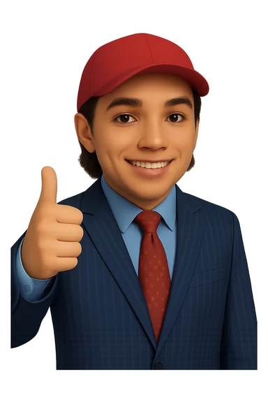Change the skin tone to white. Maintain the 70% realistic emoji style of a smiling man in a pinstripe suit and red cap, giving a thumbs up. Transparent background. sticker