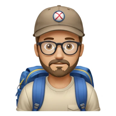 adventurer with goatee beard (no beard on cheeks), short hair, glasses, backwards baseball cap and backpack sticker