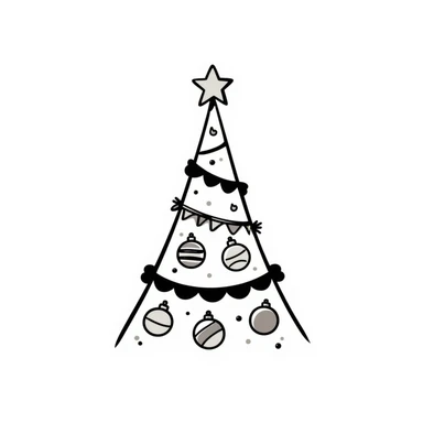 A Christmas tree with decorations in pastel colors (dd9fb0, ffc6d3, a3bfc9, c4bee2, f1b091), hand-drawn doodle style sticker