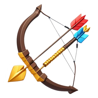 Clash of Clans aesthetic: Cinematic Playful Pixel 3D Bow & Arrow Portrait Emoji, rendered in a 3D vector-style similar to standard emojis with minimal shading and bold, simplified shapes. A compact, distinct form with signature details, softly glowing with a pixelated adventure charm. Simplified yet unmistakably iconic, highly detailed and consistent, glowing with a soft radiance and high shine. Stylized with a touch of classic pixel-art charm and a soft glowing outline, capturing the essence of a beloved gaming relic with a friendly, playful manner! sticker