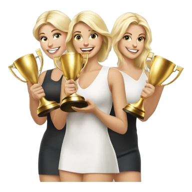 Six beautiful blonde women celebrating with huge golden trophy sticker