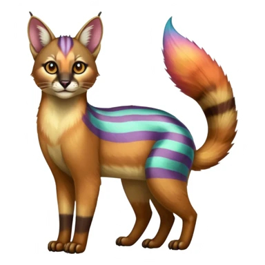Colorful shiny striped tropical glorious iridescent divine exotic cute cool beautiful realistic caracal-civet-genet-sergal-vernid-Cacomistle-Trico-oncilla-animal-Fakémon-hybrid-fursona (full body) sticker