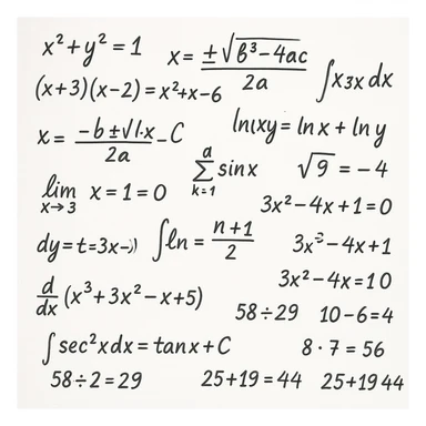 handwritten mathematical calculations including expressions, formulas, and numbers isolated on a white background, hyperrealistic 3D render style, sharp details, neutral lighting sticker