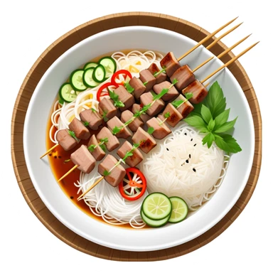 Vietnamese Bún Thịt Nướng with meat specifically grilled on skewers, alongside a bowl of rice vermicelli noodles, herbs and vegetables sticker