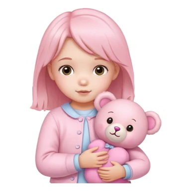 cute toddler girl with pastel pink clothes holding a pink teddy bear sticker