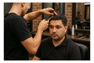 yuzi ko'rinmasin sartaroshxonada ishlayotganini tasvirlab ber mijozlarni sochini olayotganini sticker