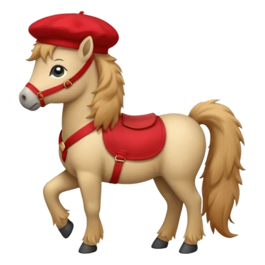 A cute pony (horse) emoji, full body, standing in side view, wearing a stylish red beret. sticker