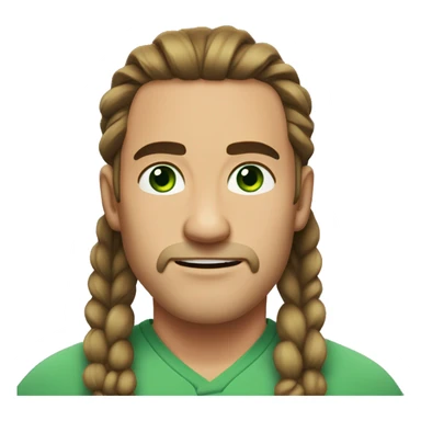a man with long hair in a ponytail and parted in the middle, no beard, dark brown eyebrows, green eyes sticker