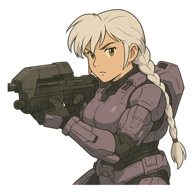 female, wearing reach spartan armor shoulder-unequip, long white braid hair with massive messy front side single bangs, gold yellow eyes, attention pose, HALO:series, no helmet, the armor is lavender color scheme, shoulder pad off. DDD bust size fitting. ,  aiming a classic HALO1 AR, tactical, lean sticker