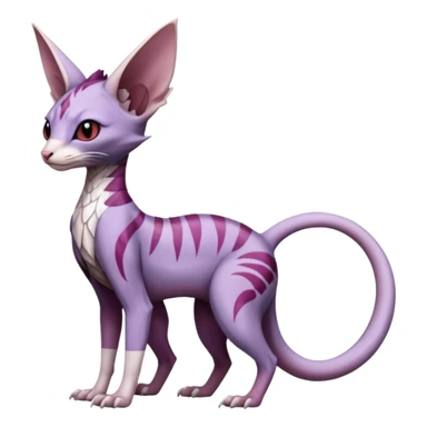 scaly, Purple, white, black, Minccino-Sphynx-Lykoi-Linoone-Zangoose-fusion-hybrid-animal-Fakémon-creature, full body, thin long sleek scaly tail, intricate markings sticker