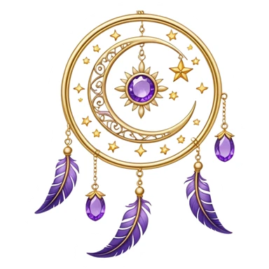 Epic beautiful gorgeous cute gold suncatcher, threads with shiny sparkly amethyst gemstones, flowers, crescents-moons, stars, violet Feathers  sticker