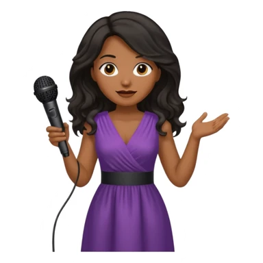 Middle age, long wavy black hair, brown skin, wearing dress, holding mic sticker