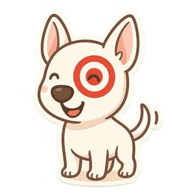 cute cartoon of Target store bullseye dog, standing, wagging tail, red bullseye on right eye, happy expression, chibi stickers style sticker