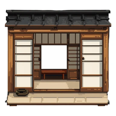 Traditional Japanese house with wooden structure, sliding doors, tatami floor sticker