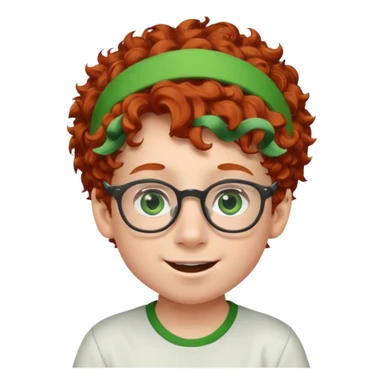 redhead kid with unique face features and very curly hair kid boy happy and big glassess and big nose and very green eyes and headband sticker