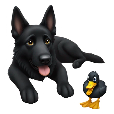 black German shepherd with a duck toy sticker