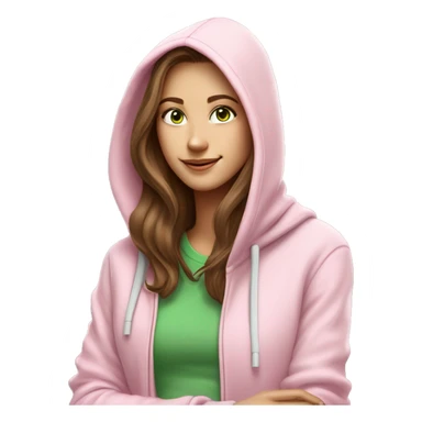 a girl with brown long hair, fair skin, green eyes, works relaxed and smiling at a modern laptop in a monochrome pale pink zip hoodie with a hood and a pink monochrome T-shirt sticker